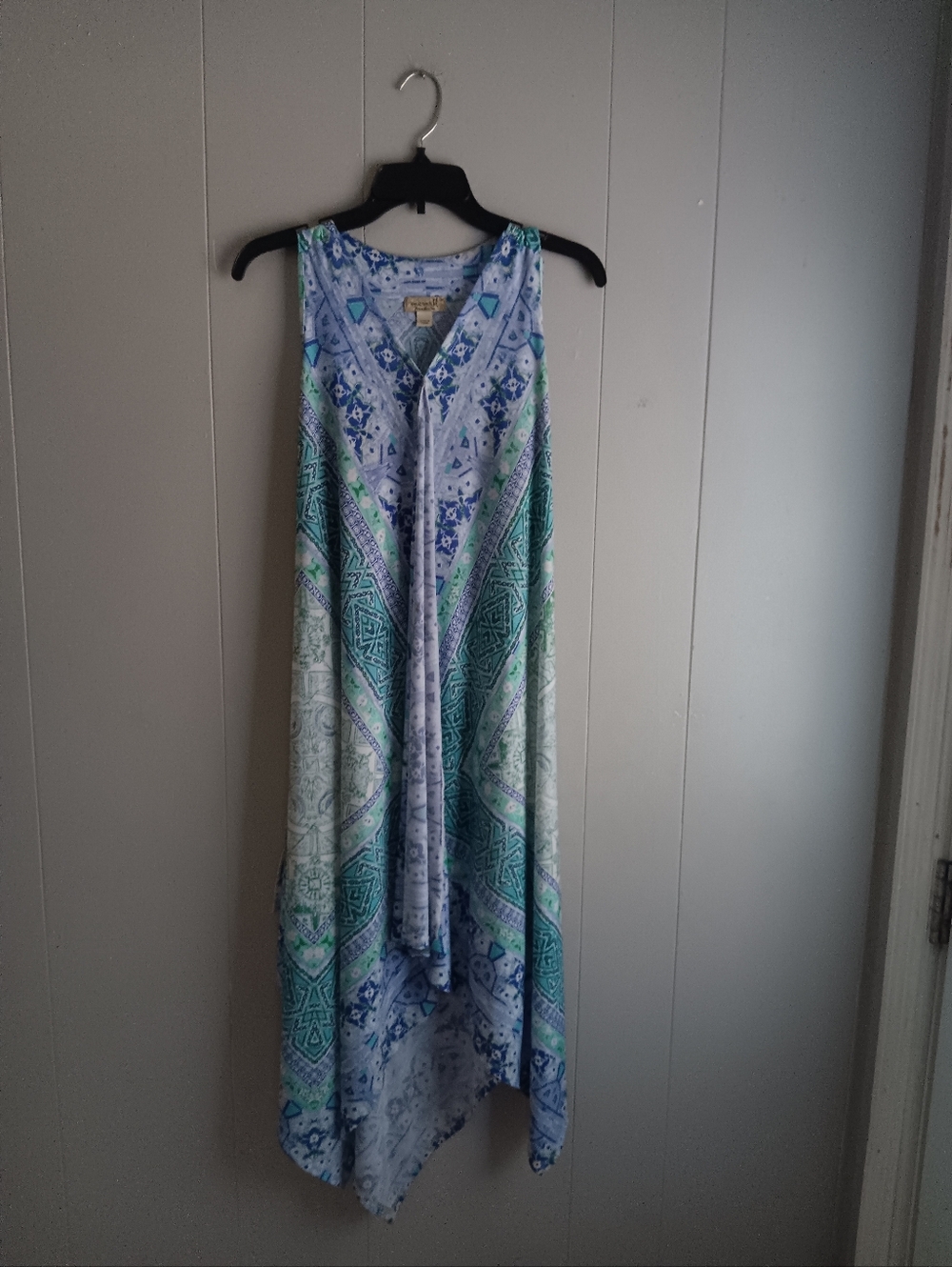 One WorldSleeveless Blue & Green Printed Summer Dress Size M